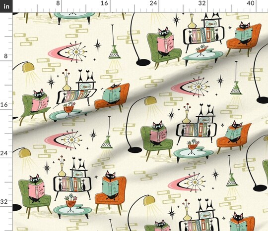 Mid Century Modern Retro Cats 1950S Inspired Atomic Age Vintage Style Custom Printed Fabric by Spoonflower Various Fabrics by the Yard or Fat Quarter